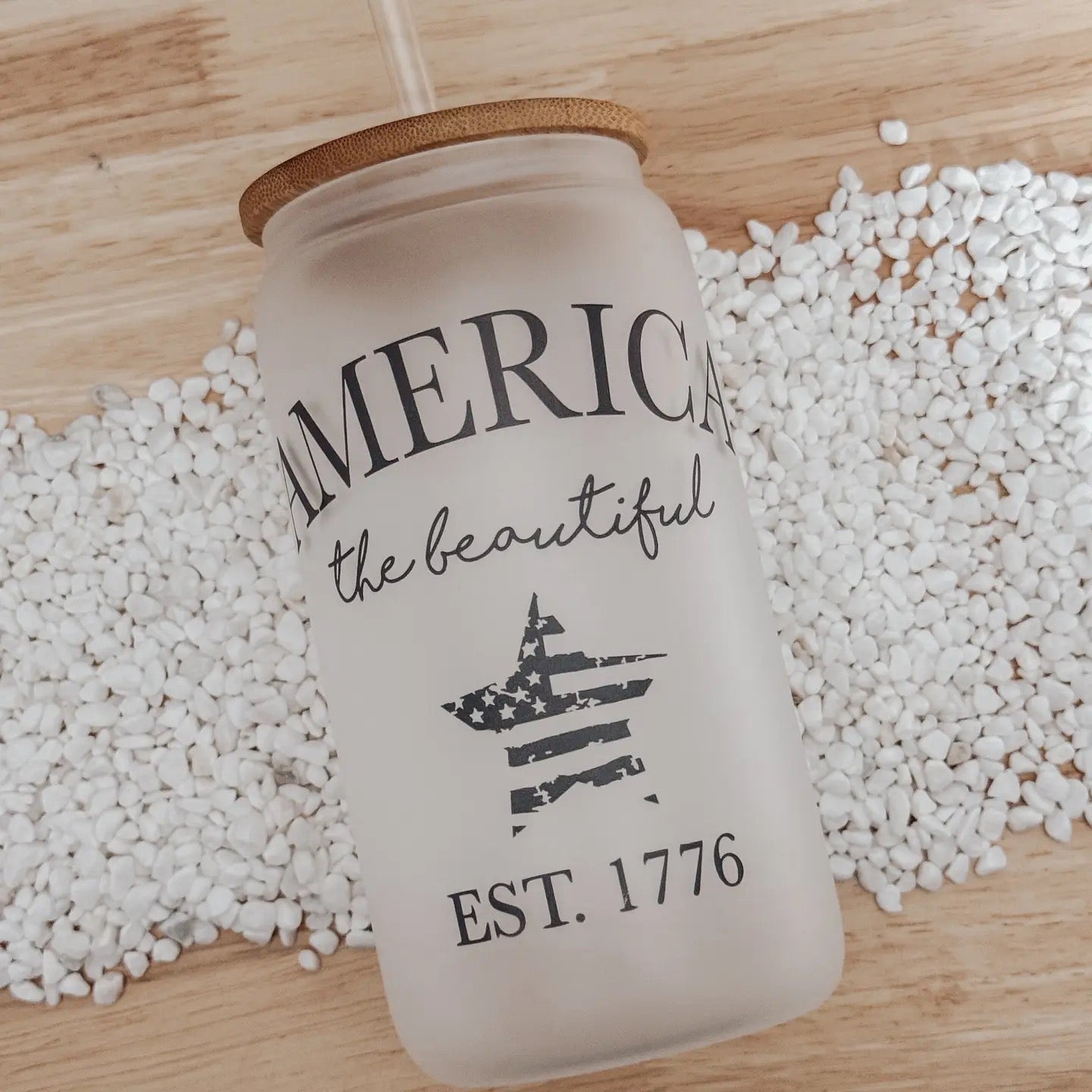 Patriotic America The Beautiful 16oz Frosted Glass Cup w/ Bamboo Lid