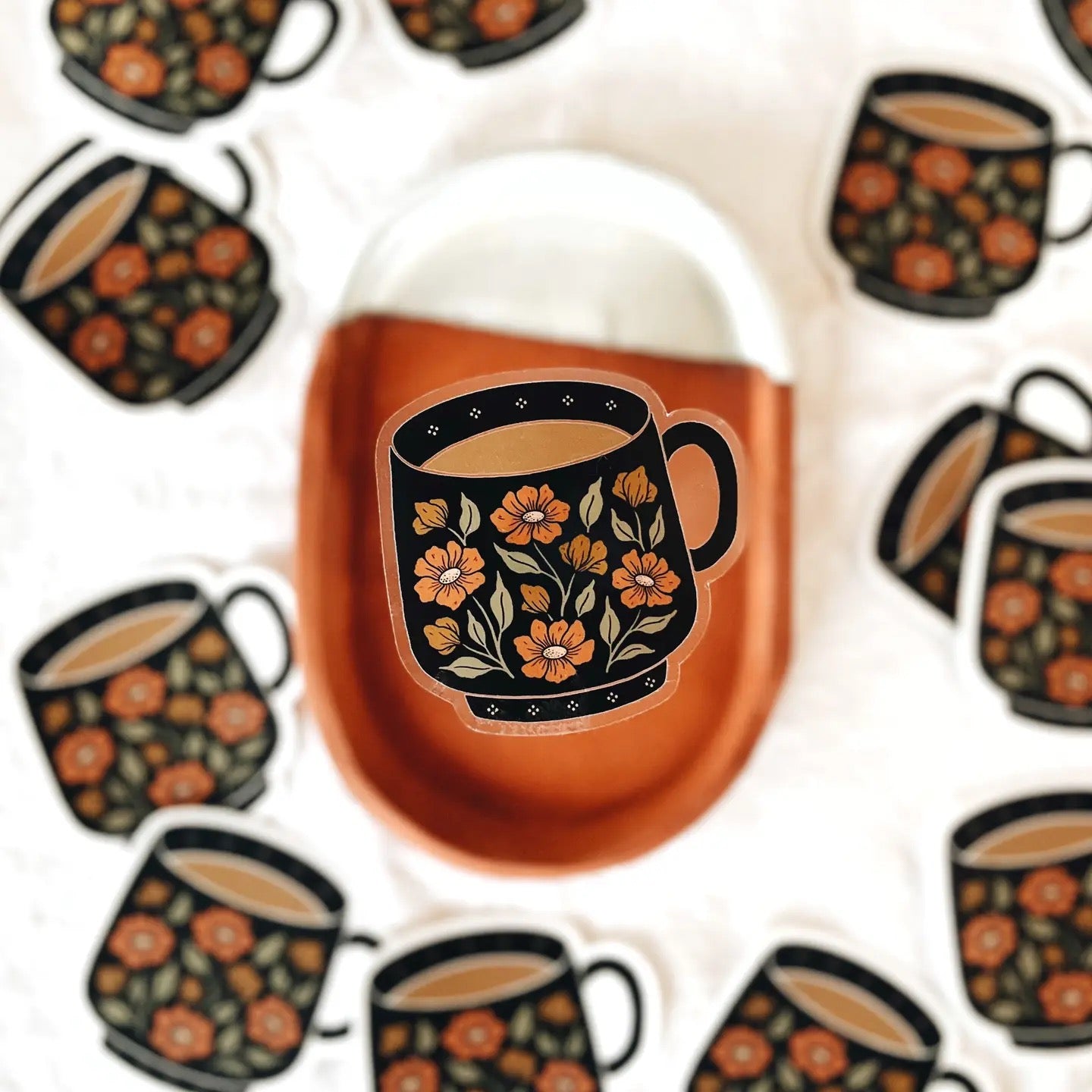 Tea Cup/Coffee Mug Floral Vinyl Sticker Clear Background