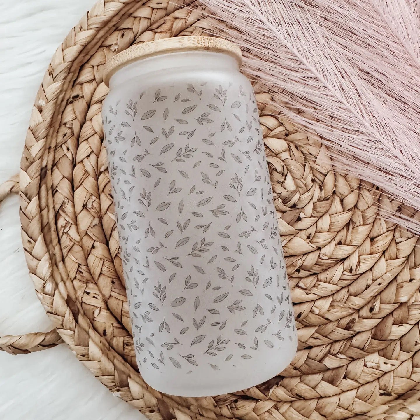 Mini Greenery Frosted 16oz Glass Cup w/ Bamboo Lid