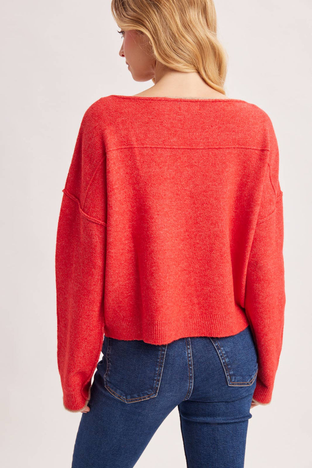 ELOWEN SOFT HEATHERED KNIT PULLOVER SWEATER-Red