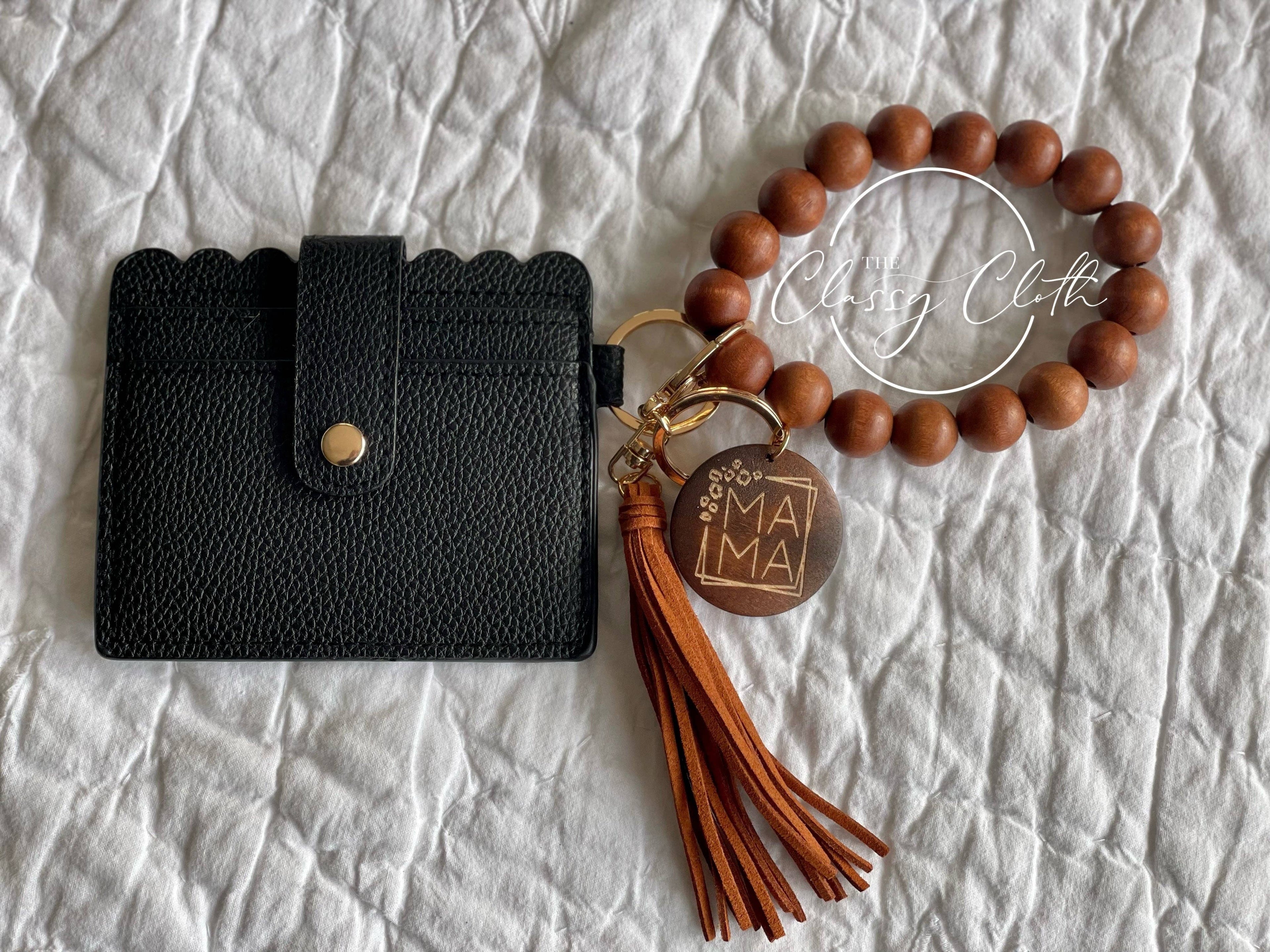 MAMA Wooden Bead Wristlet Wallet Keychain | Brown Tassel