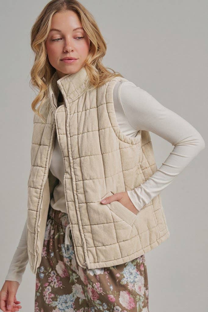 VINTAGE WASHED QUILTED PUFFER VEST-VINTAGE OATMEAL