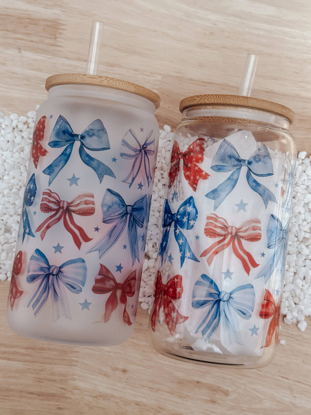 Patriotic Bows 16oz Glass Can Cup with Bamboo Lid-Frosted