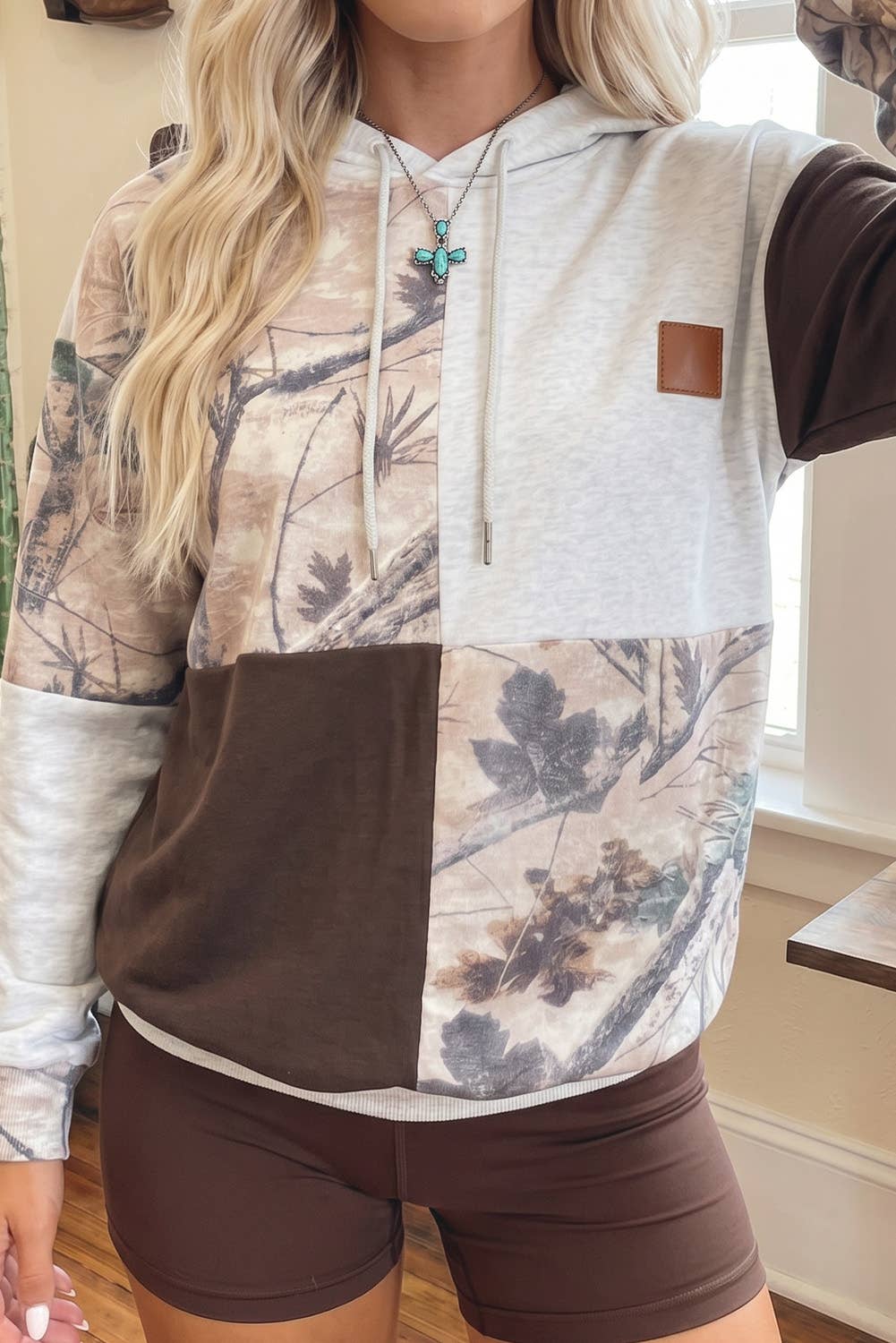 Camouflage Patchwork Drawstring Mock Neck Hoodie