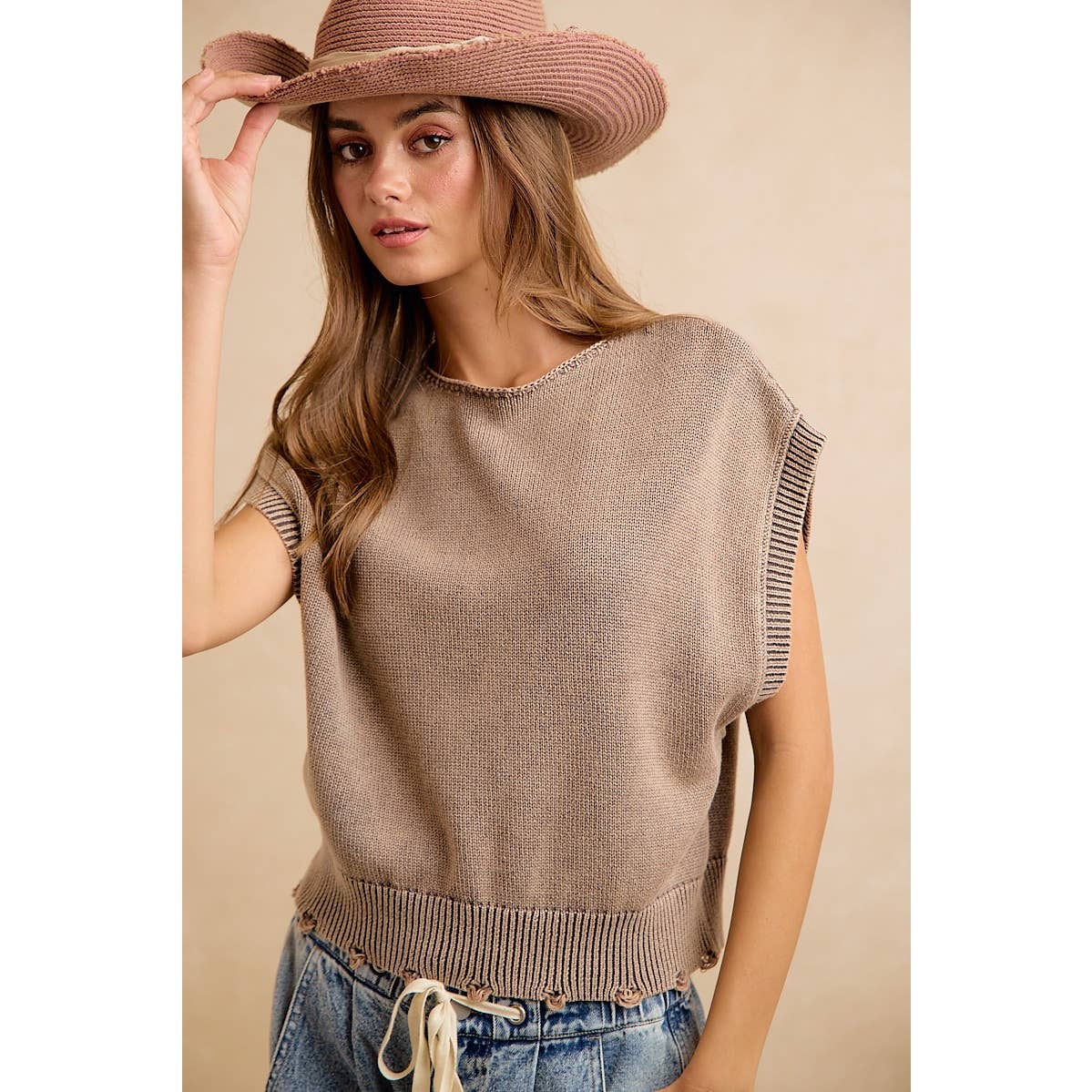 STELLA  SWEATER TEE WITH DISTRESSED HEM DETAIL