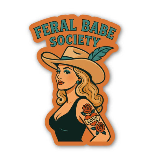 Feral Babe Society Cowgirl Sticker – Retro Western Tattoo