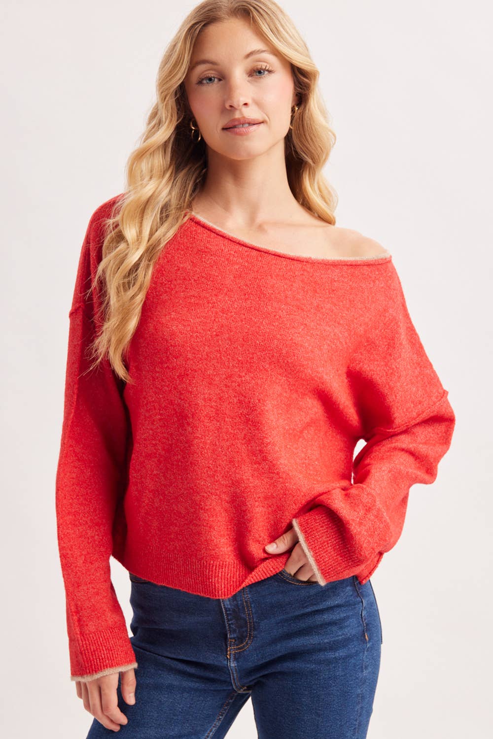 ELOWEN SOFT HEATHERED KNIT PULLOVER SWEATER-Red