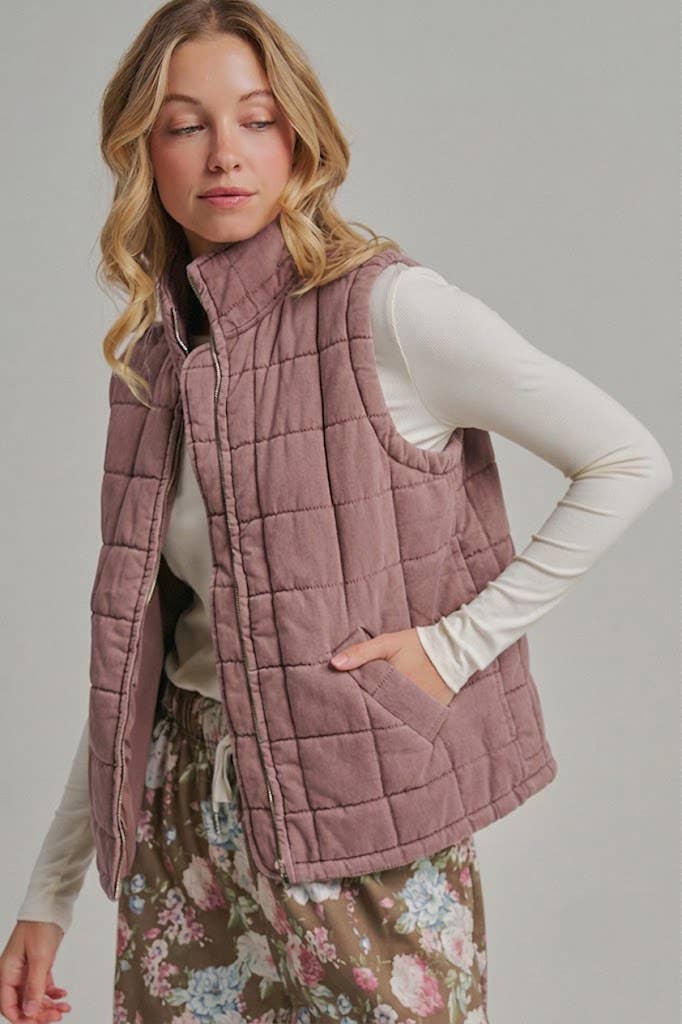 VINTAGE WASHED QUILTED PUFFER VEST-VINTAGE MAUVE