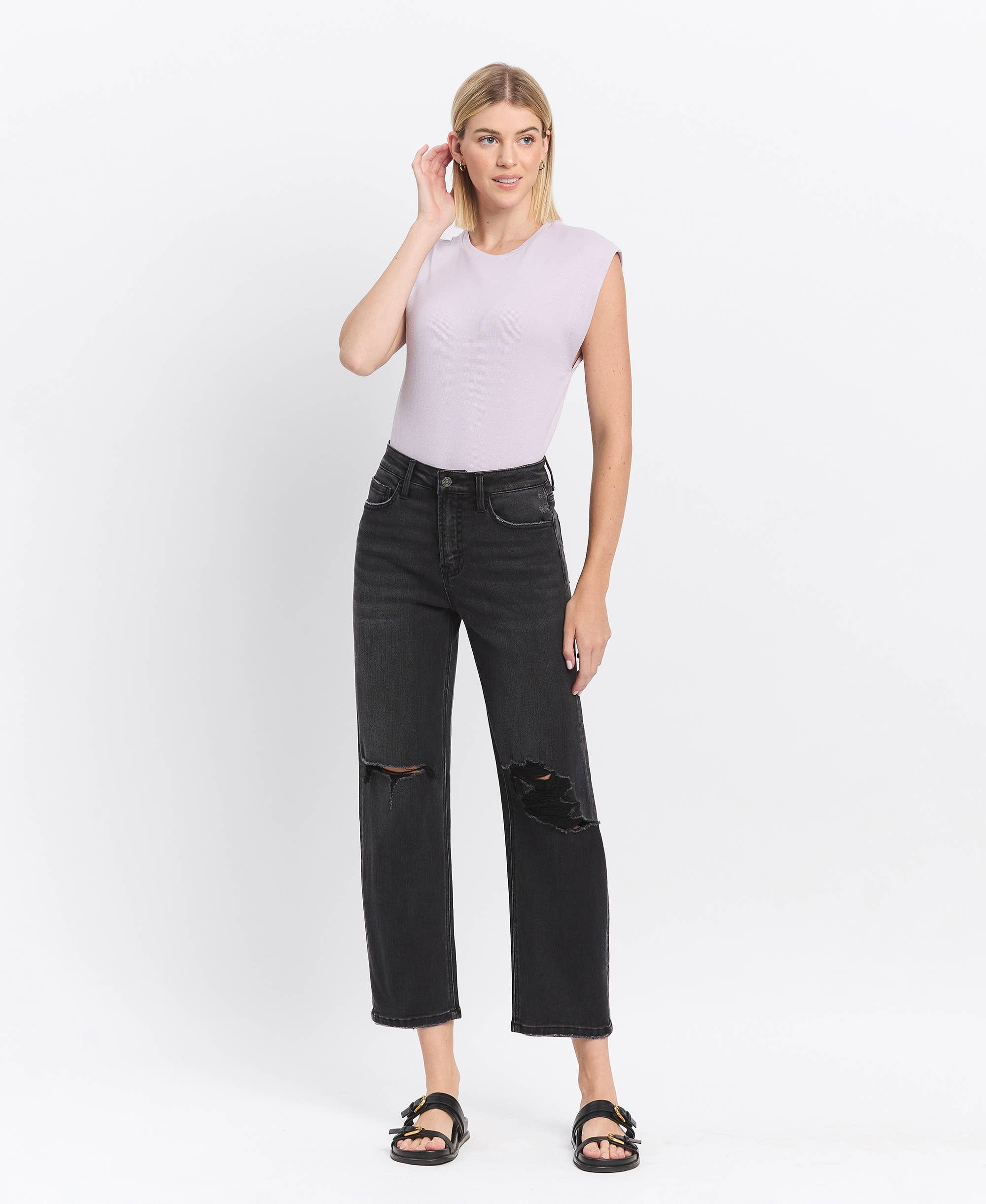 HIGH RISE DISTRESSED BLACK BARREL JEANS