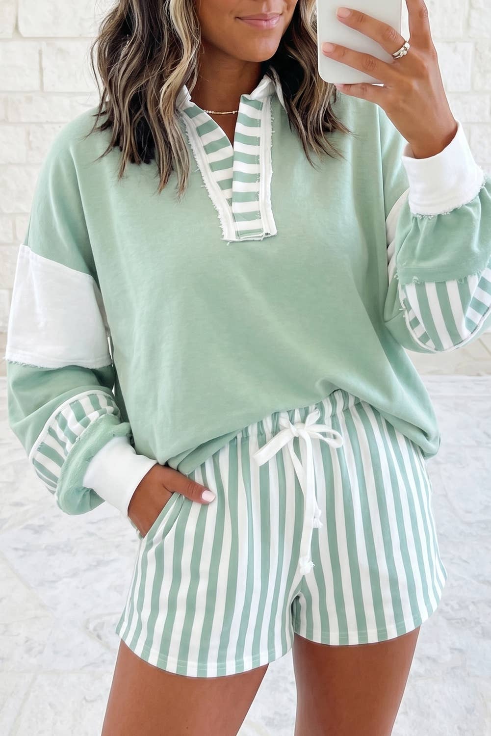 Striped Colorblock Patchwork Sweatshirt & Shorts Set