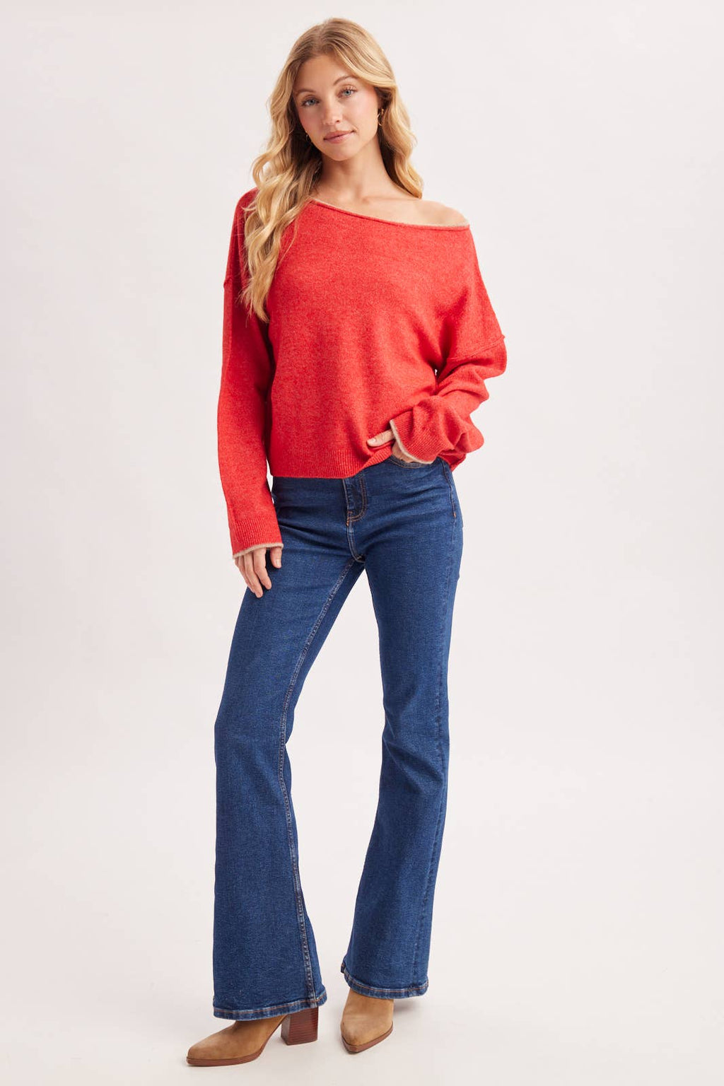 ELOWEN SOFT HEATHERED KNIT PULLOVER SWEATER-Red