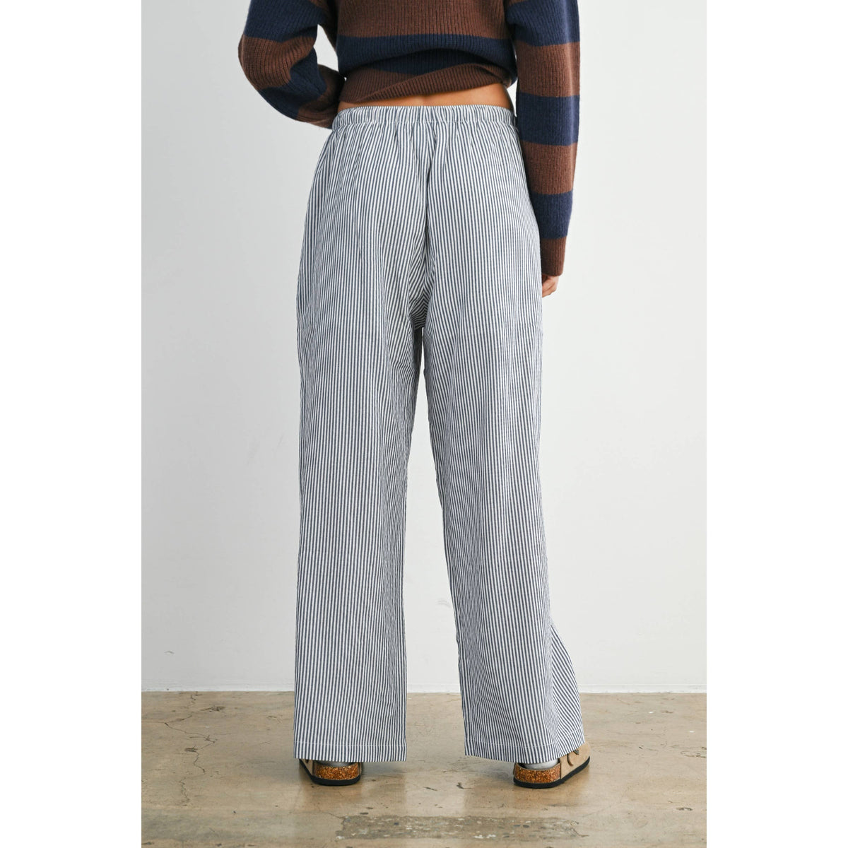 Drawstring Waist Striped Pants-NAVY