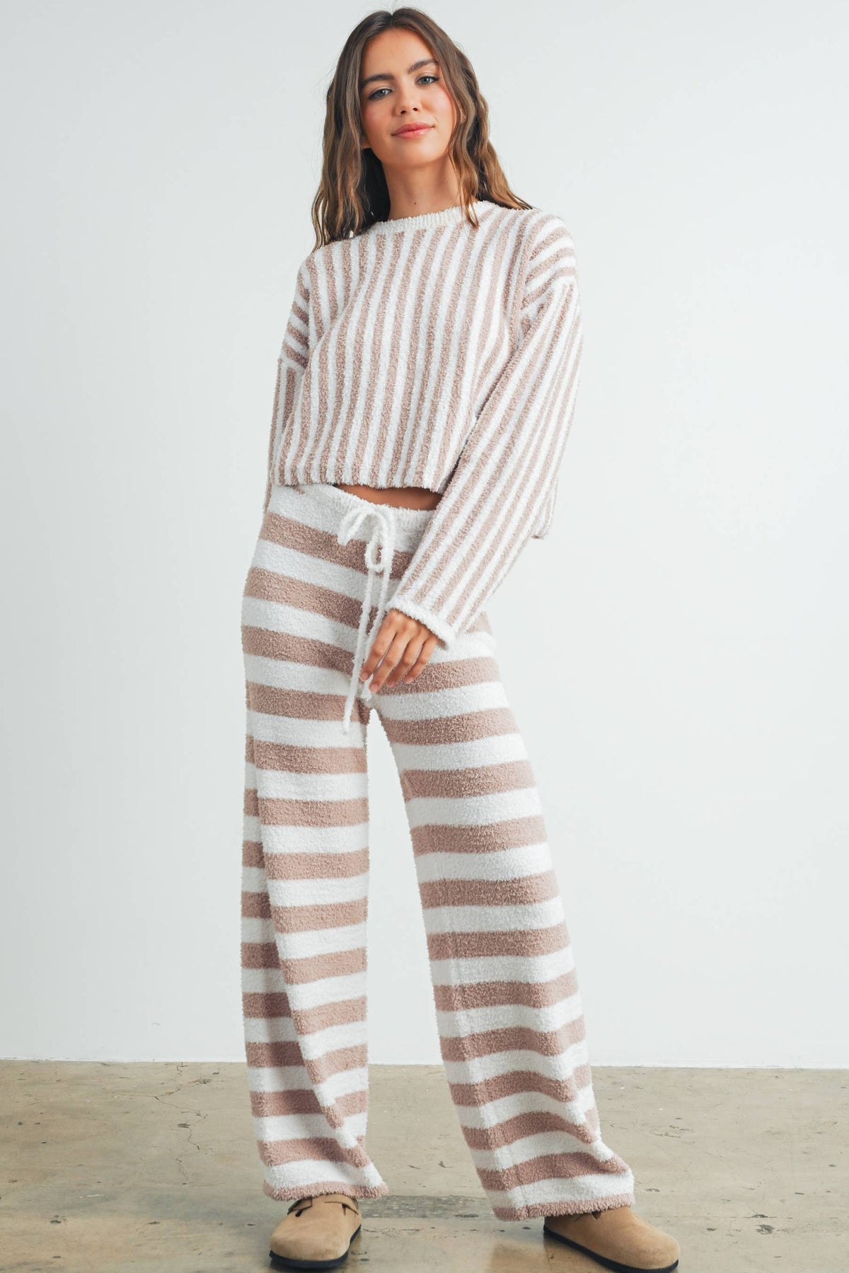 Cozy Striped Round Neck Sweater-TAUPE