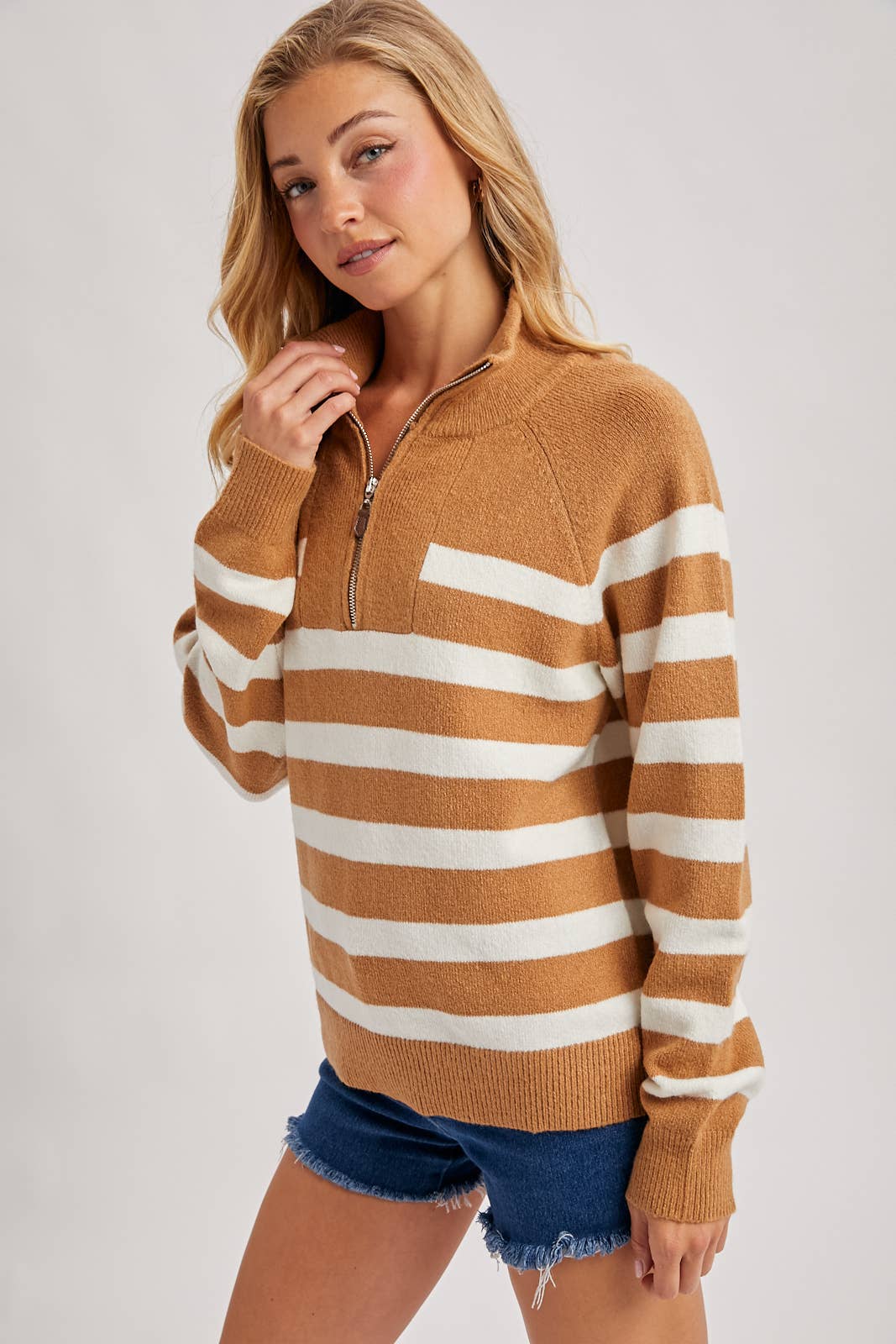 STRIPED HALF ZIPPED KNIT SWEATER