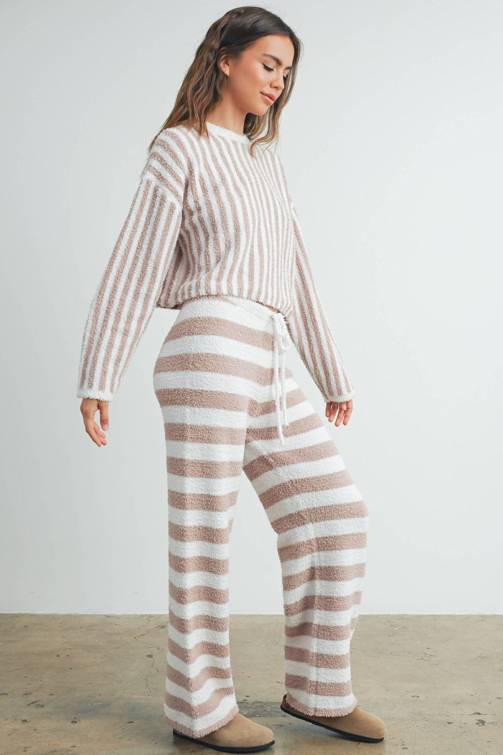 Cozy Striped Round Neck Sweater-TAUPE