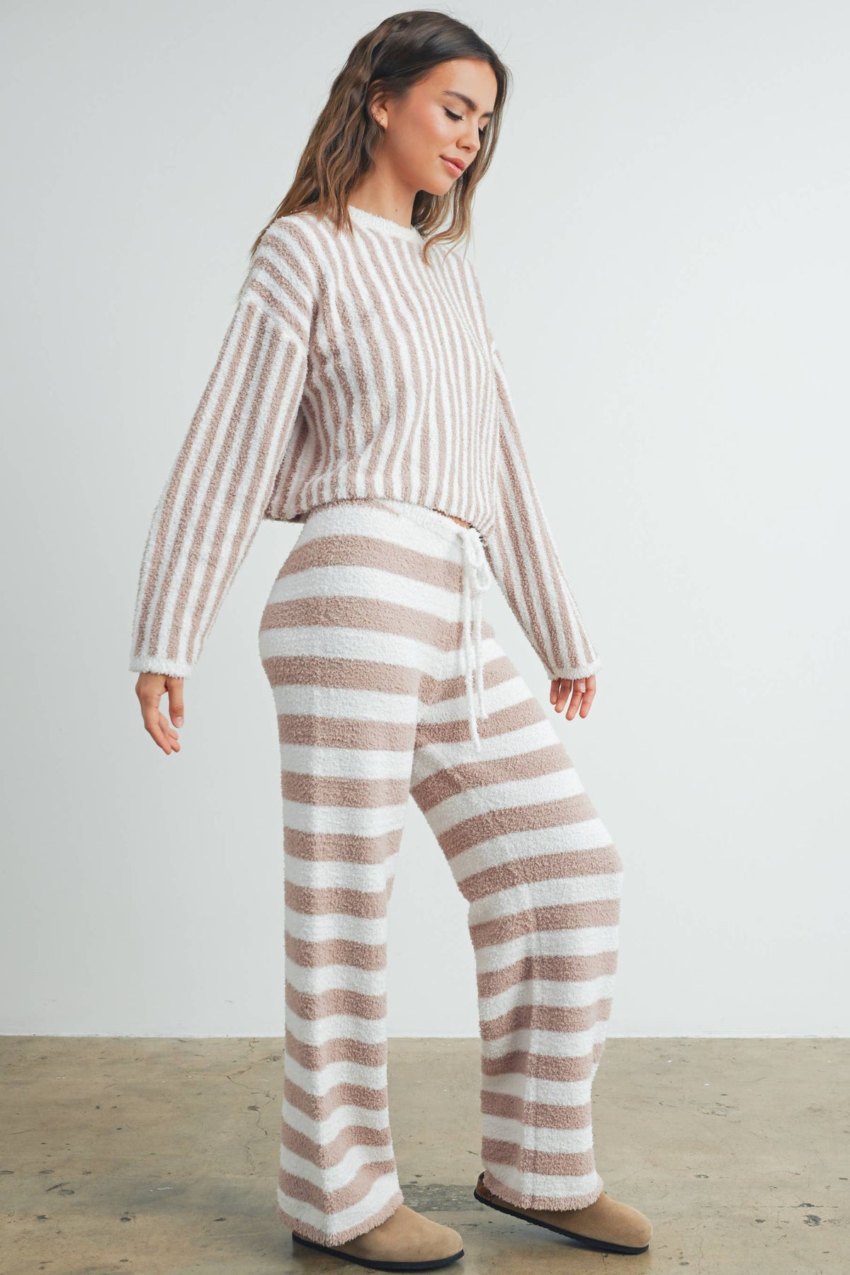 Cozy Striped Round Neck Sweater-TAUPE