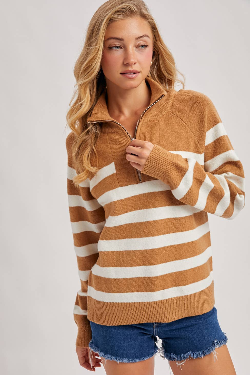 STRIPED HALF ZIPPED KNIT SWEATER
