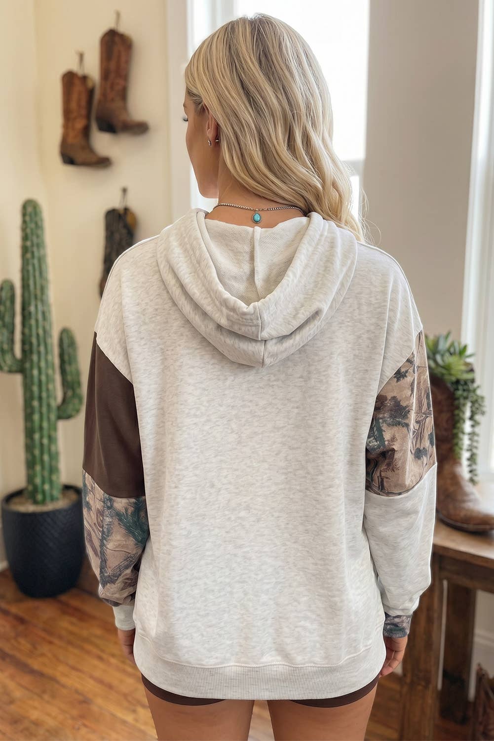 Camouflage Patchwork Drawstring Mock Neck Hoodie