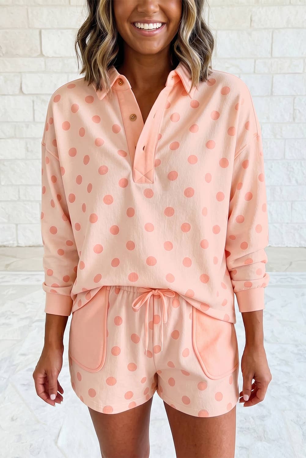 Polka Dot Contrast Patchwork Long Sleeve Top Short Set