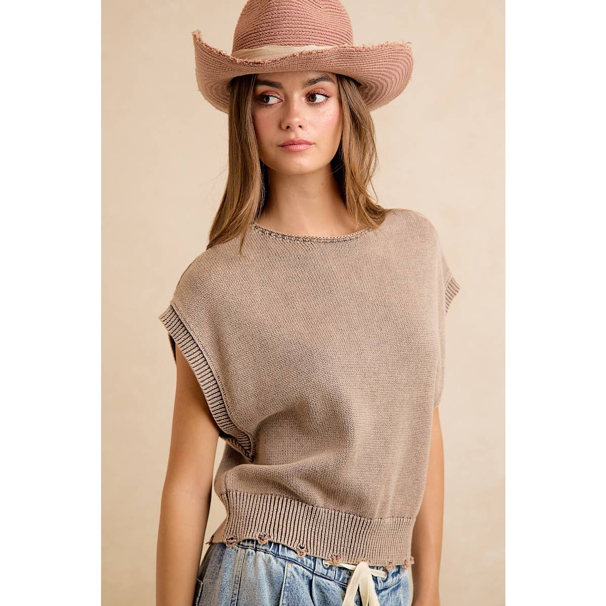STELLA  SWEATER TEE WITH DISTRESSED HEM DETAIL
