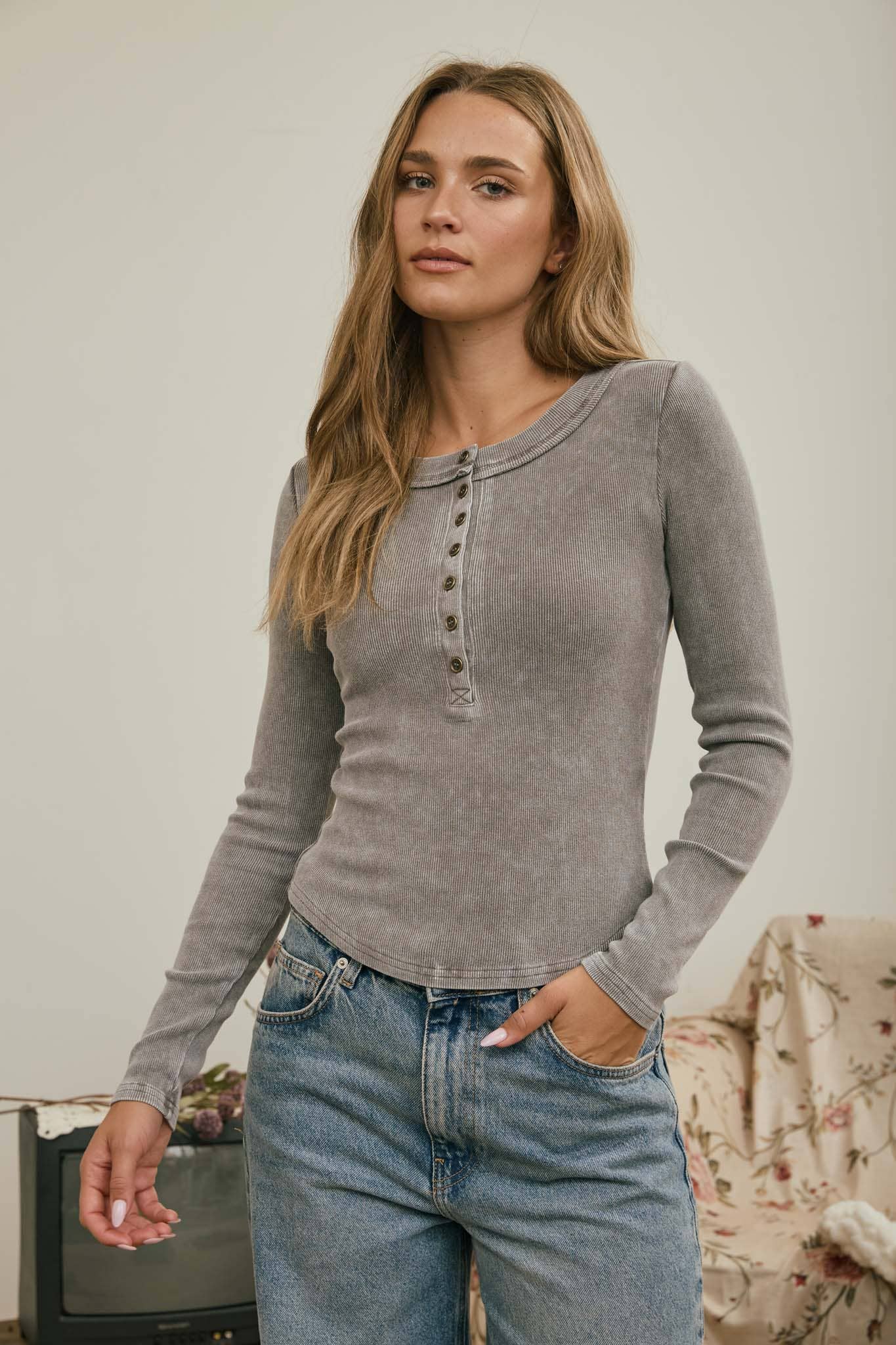 Long Sleeve Ribbed Henley Top
