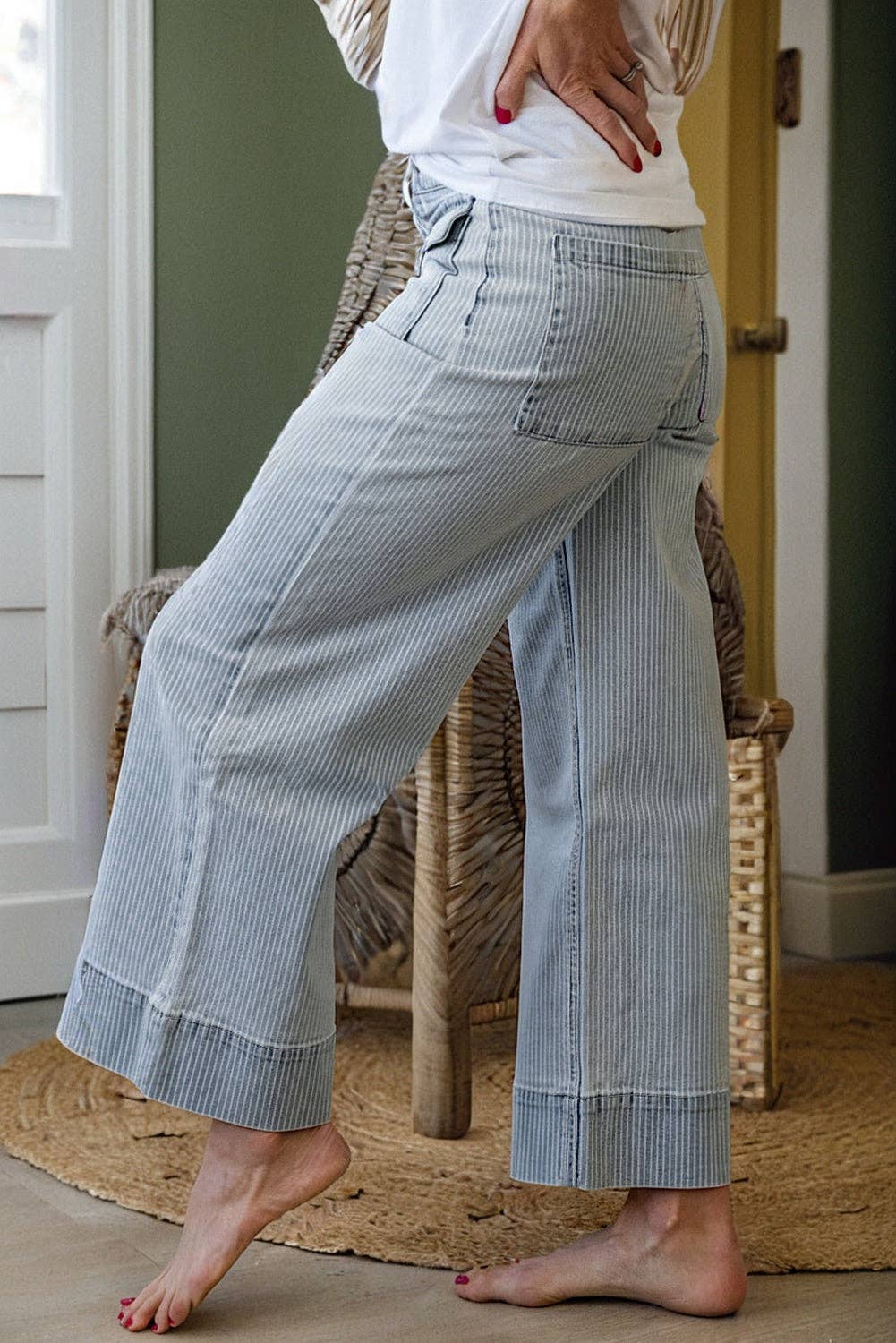 Sky Blue Striped Cuffed Wide Leg Jeans