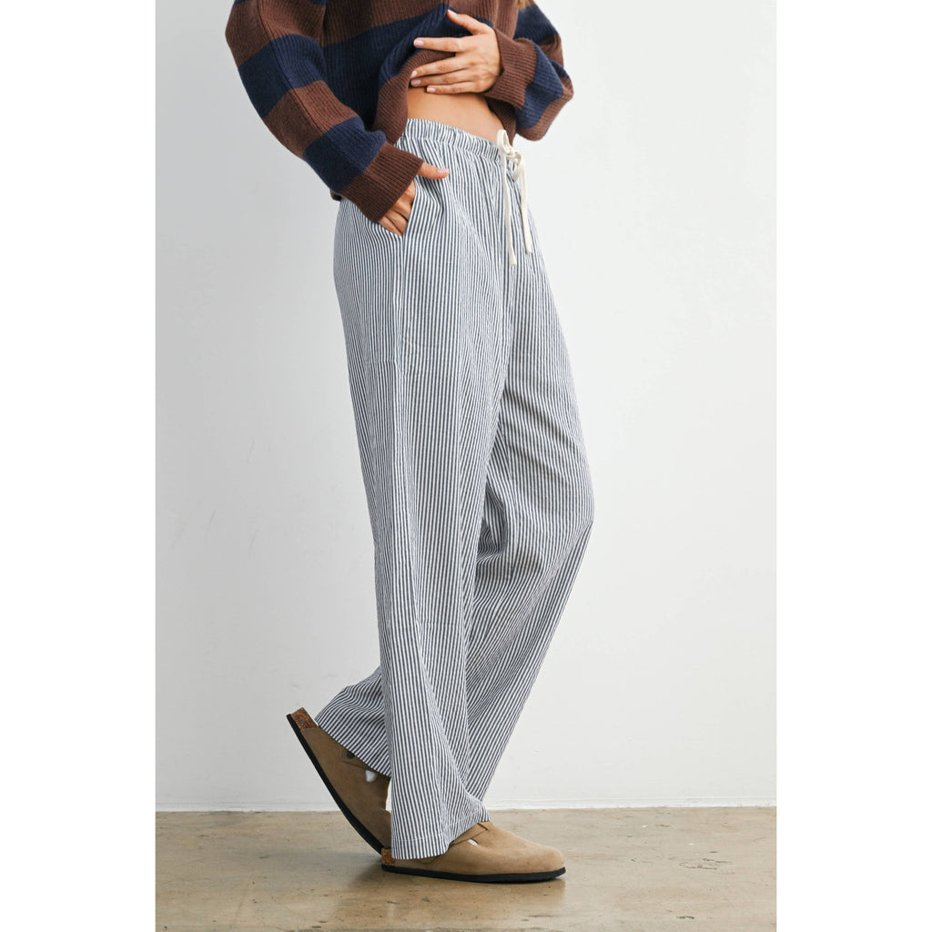 Drawstring Waist Striped Pants-NAVY