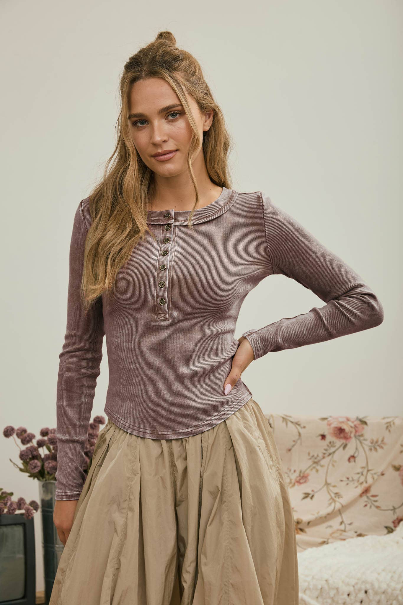 Long Sleeve Ribbed Henley Top