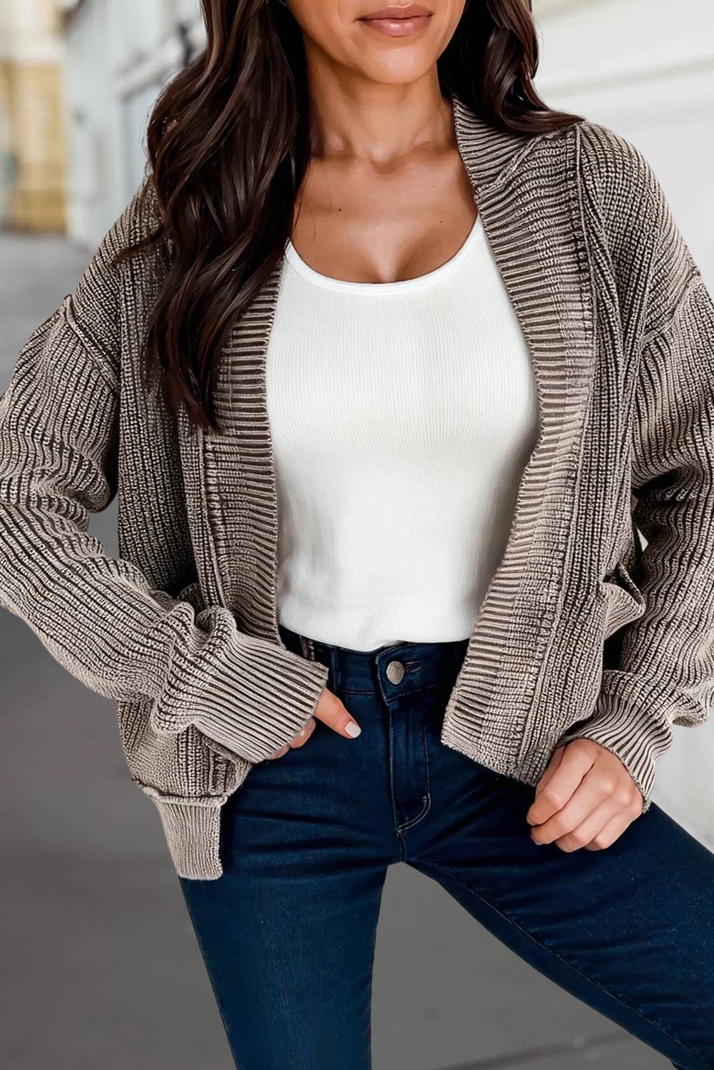 Monroe Knit Open Sweater Cardigan-Dark Brown