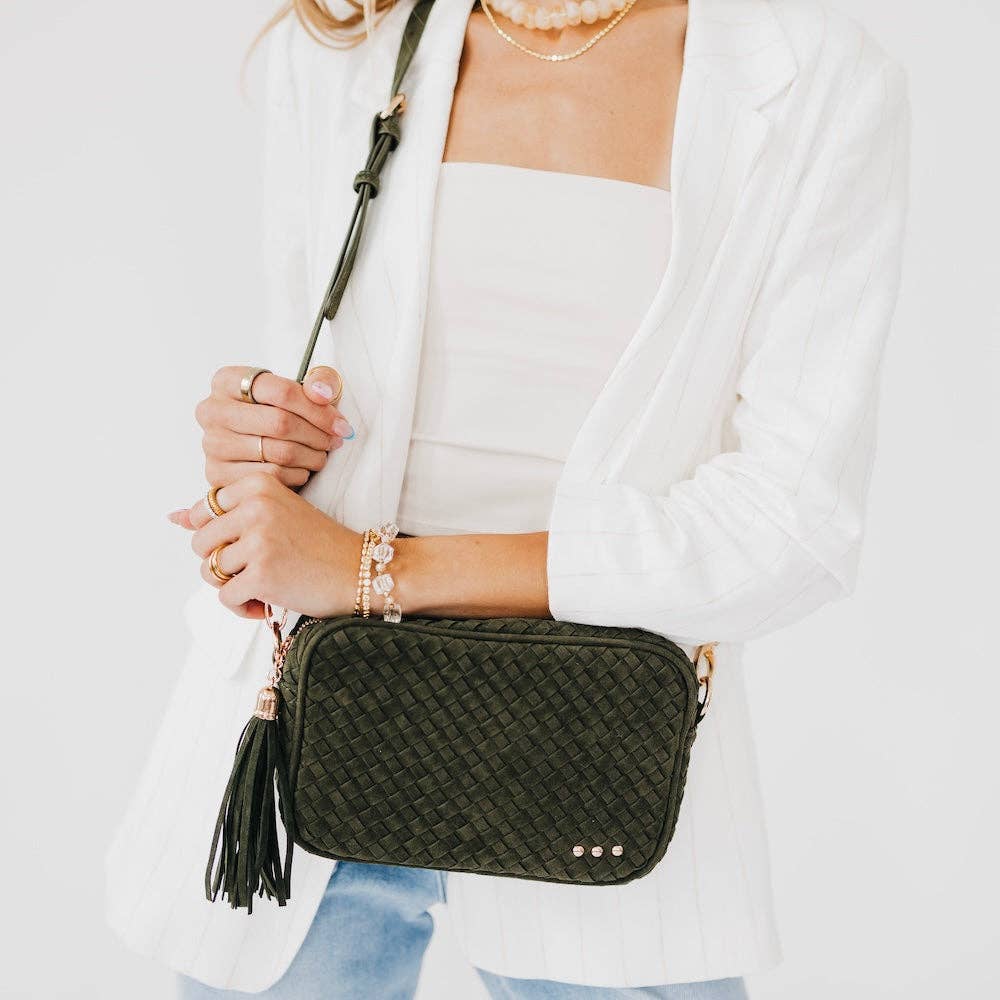 Suede Woven Willow Camera Crossbody Bag-OLIVE