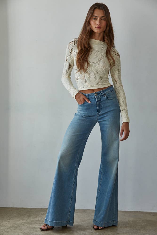 Jacquard Mock Neck Long Sleeve Top-Cream