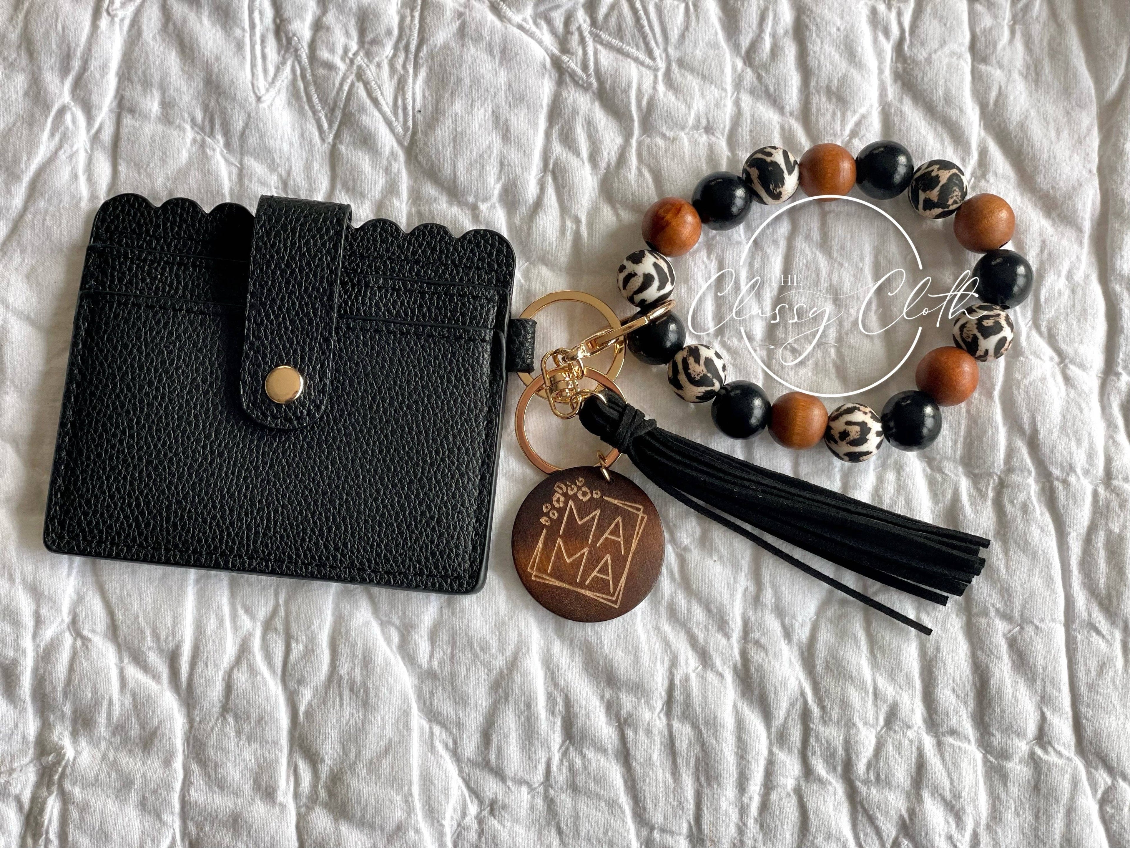 Leopard MAMA Wristlet Wallet Keychain | Black Tassel