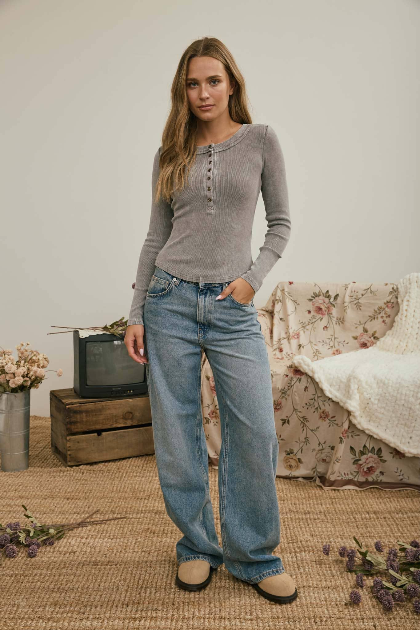 Long Sleeve Ribbed Henley Top