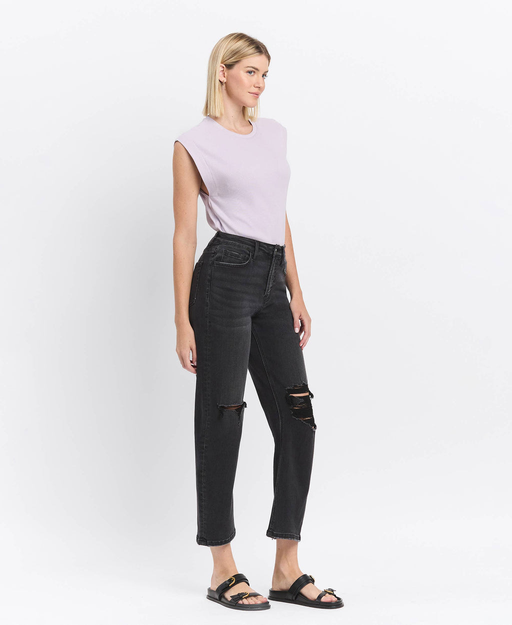HIGH RISE DISTRESSED BLACK BARREL JEANS