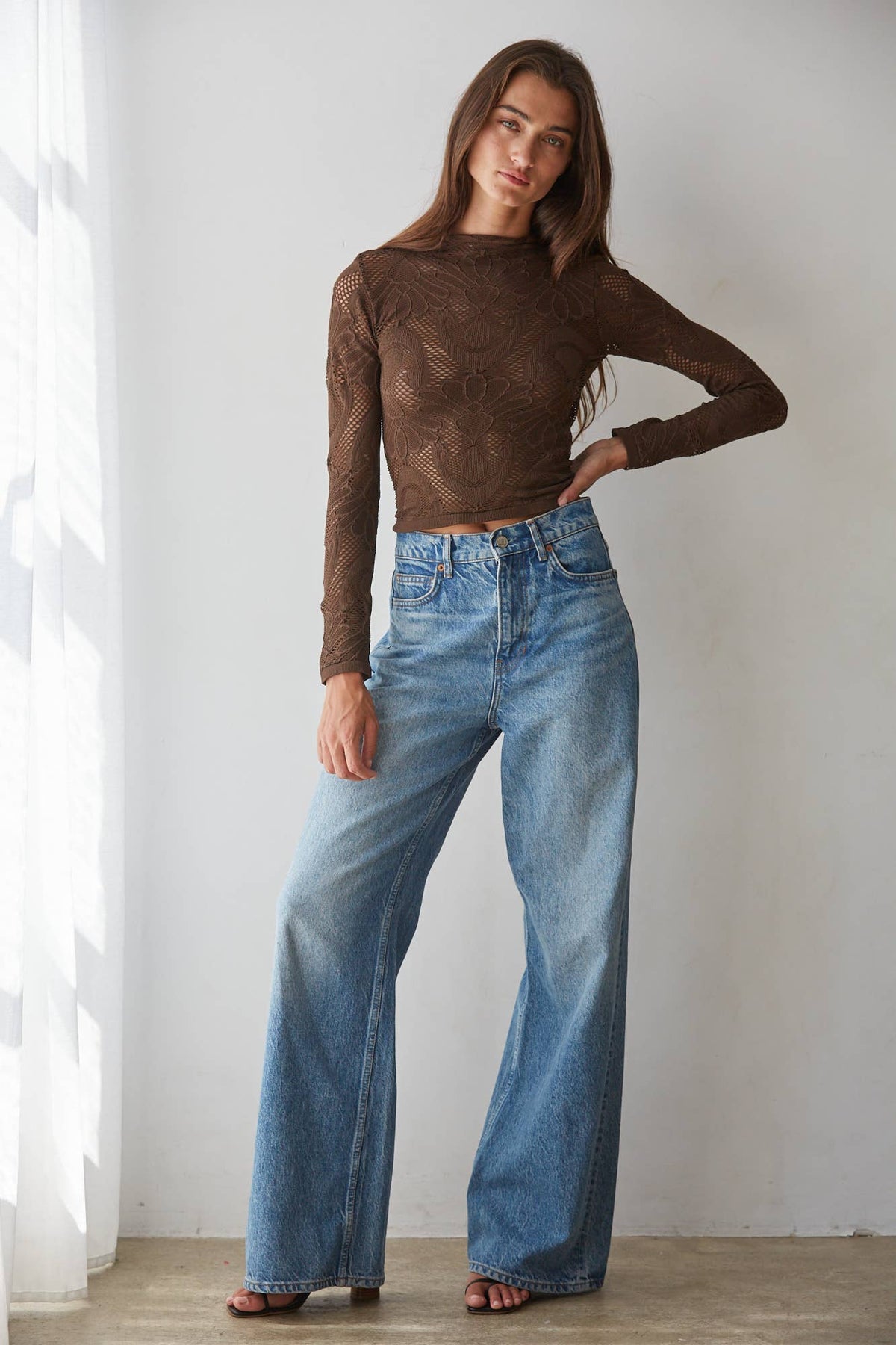 Jacquard Mock Neck Long Sleeve Top-Black