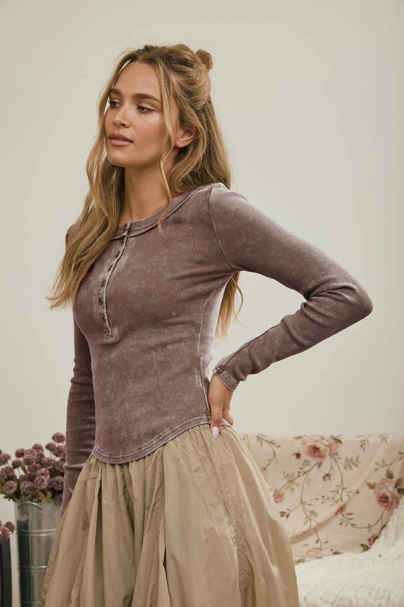 Long Sleeve Ribbed Henley Top