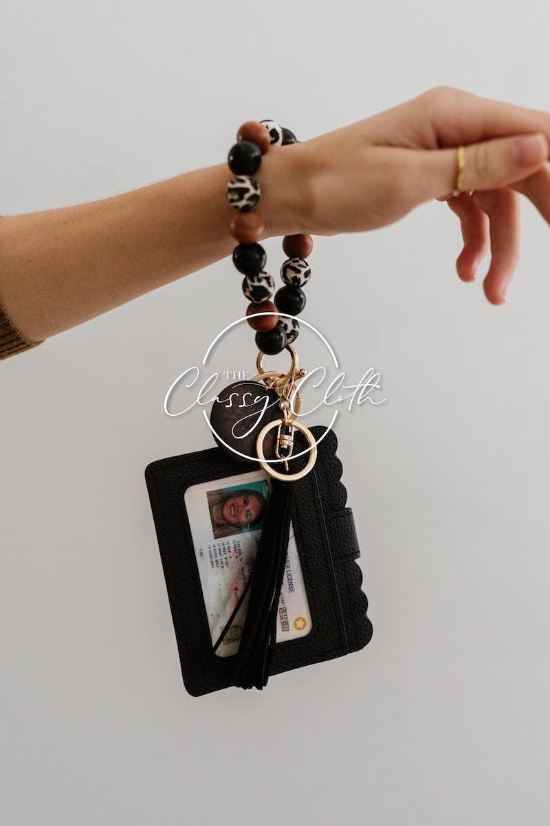 Leopard MAMA Wristlet Wallet Keychain | Black Tassel