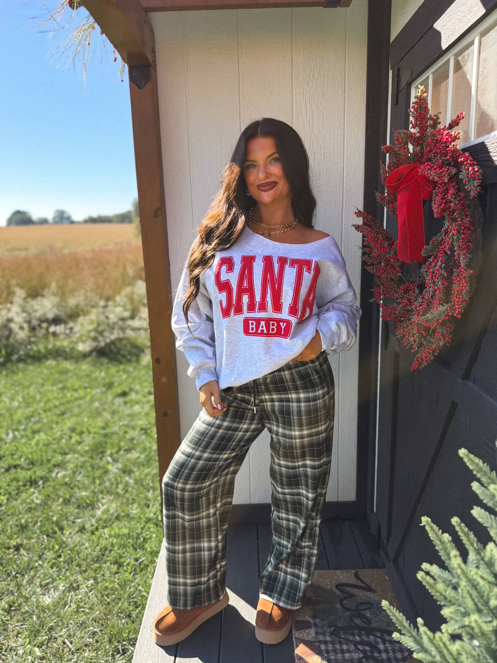 Santa Baby Off Shoulder Graphic Crewneck-PREORDER