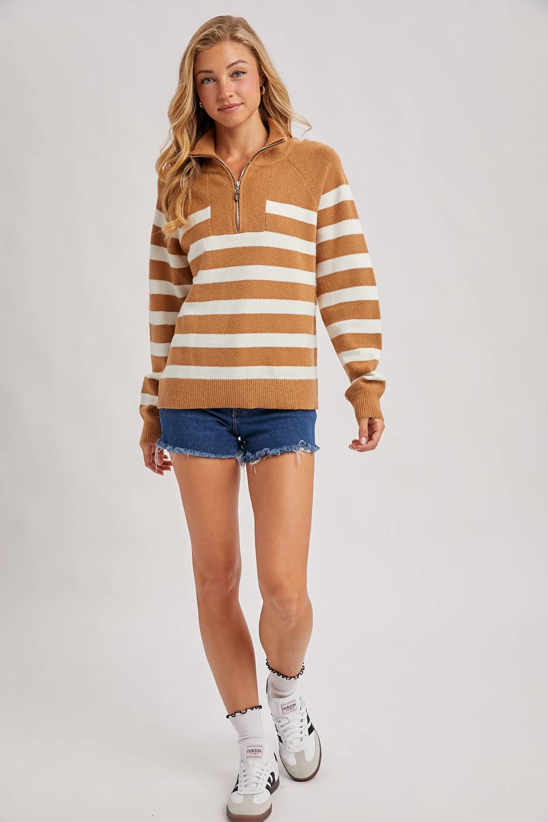 STRIPED HALF ZIPPED KNIT SWEATER
