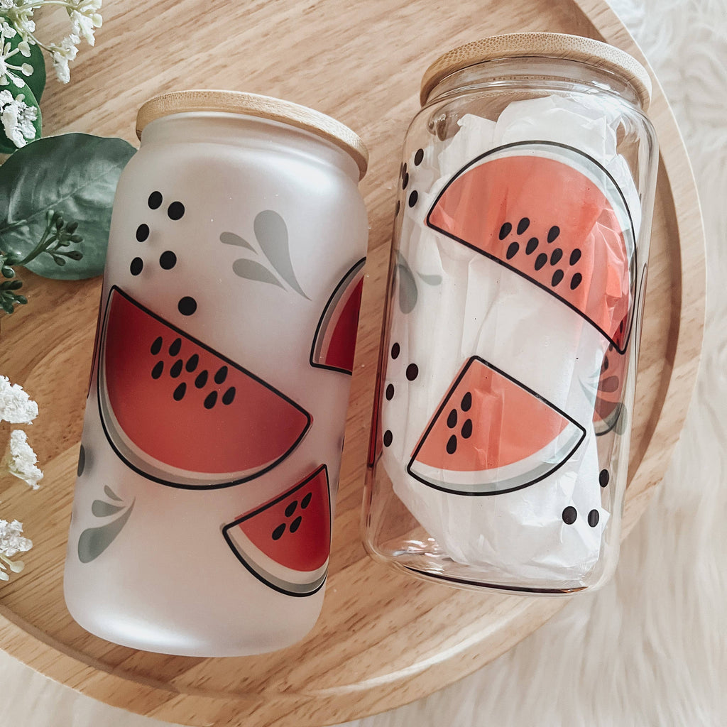 Watermelon 16oz Glass Cup with Bamboo Lid-Frosted