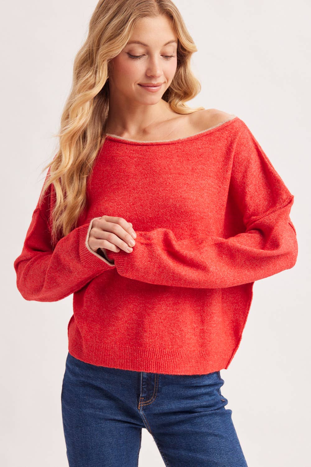 ELOWEN SOFT HEATHERED KNIT PULLOVER SWEATER-Red