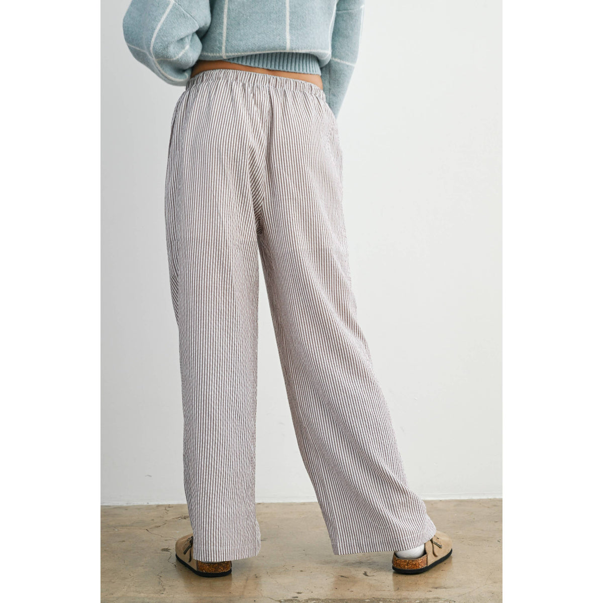 Drawstring Waist Striped Pants -BROWN