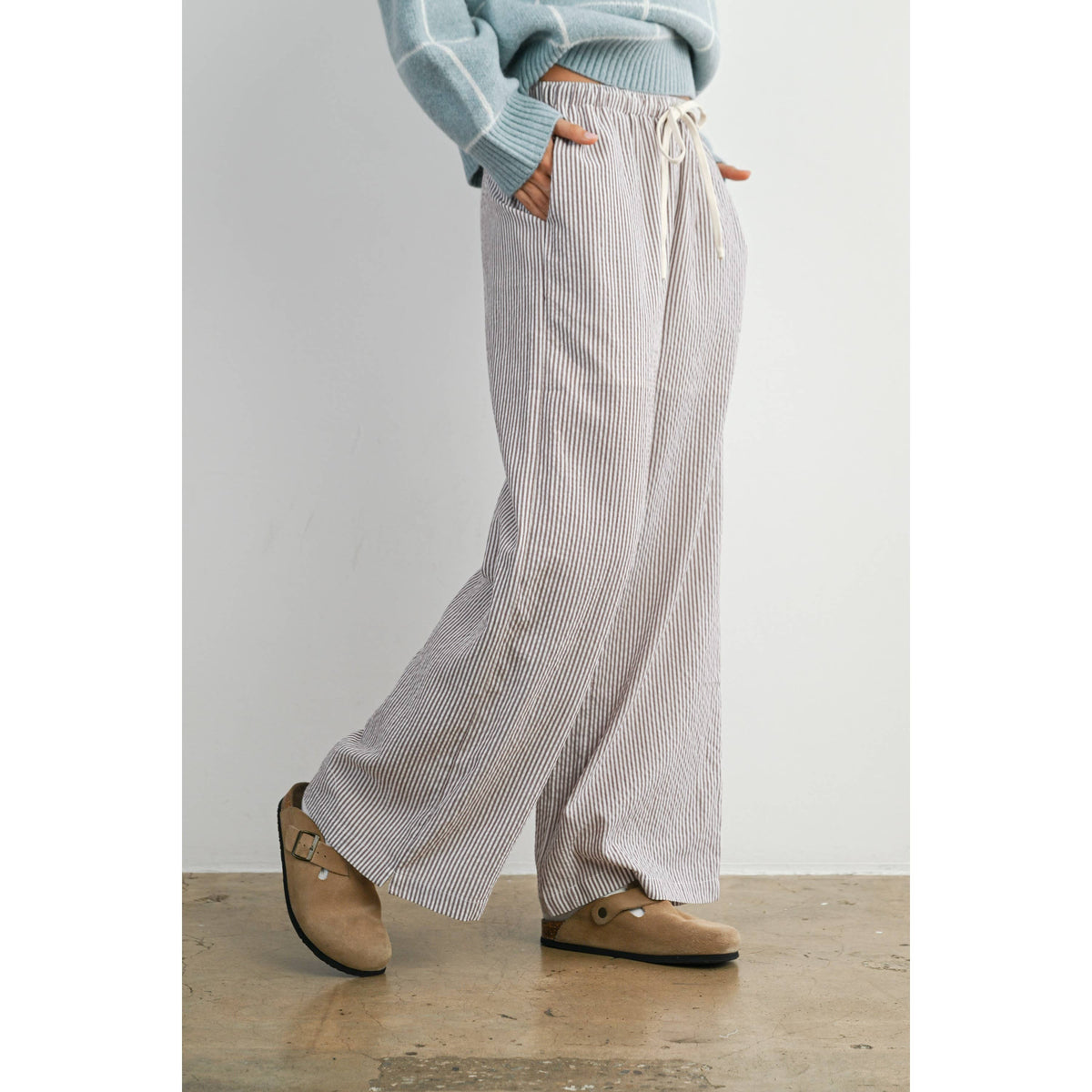 Drawstring Waist Striped Pants -BROWN