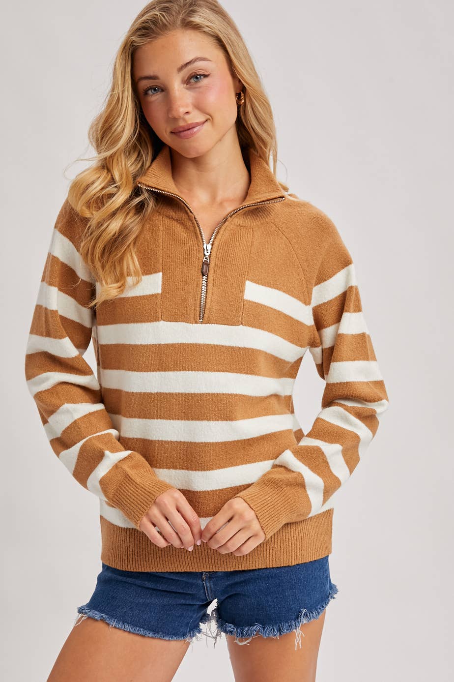 STRIPED HALF ZIPPED KNIT SWEATER