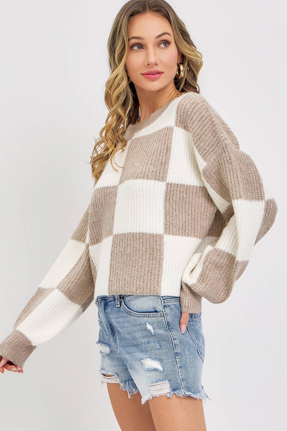 CASUAL & COZY  RELAXED FIT CHECKER KNIT SWEATER -MOCHA