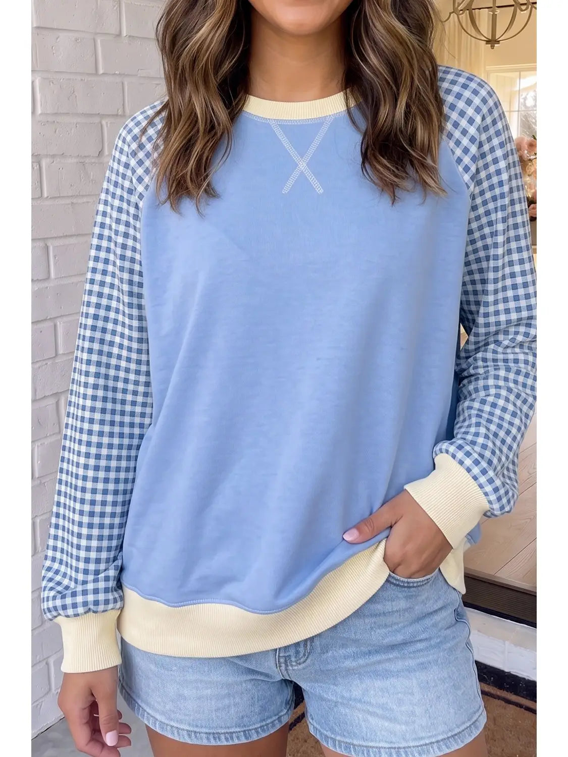 Plaid Colorblock Raglan Casual Shift Sweatshirt