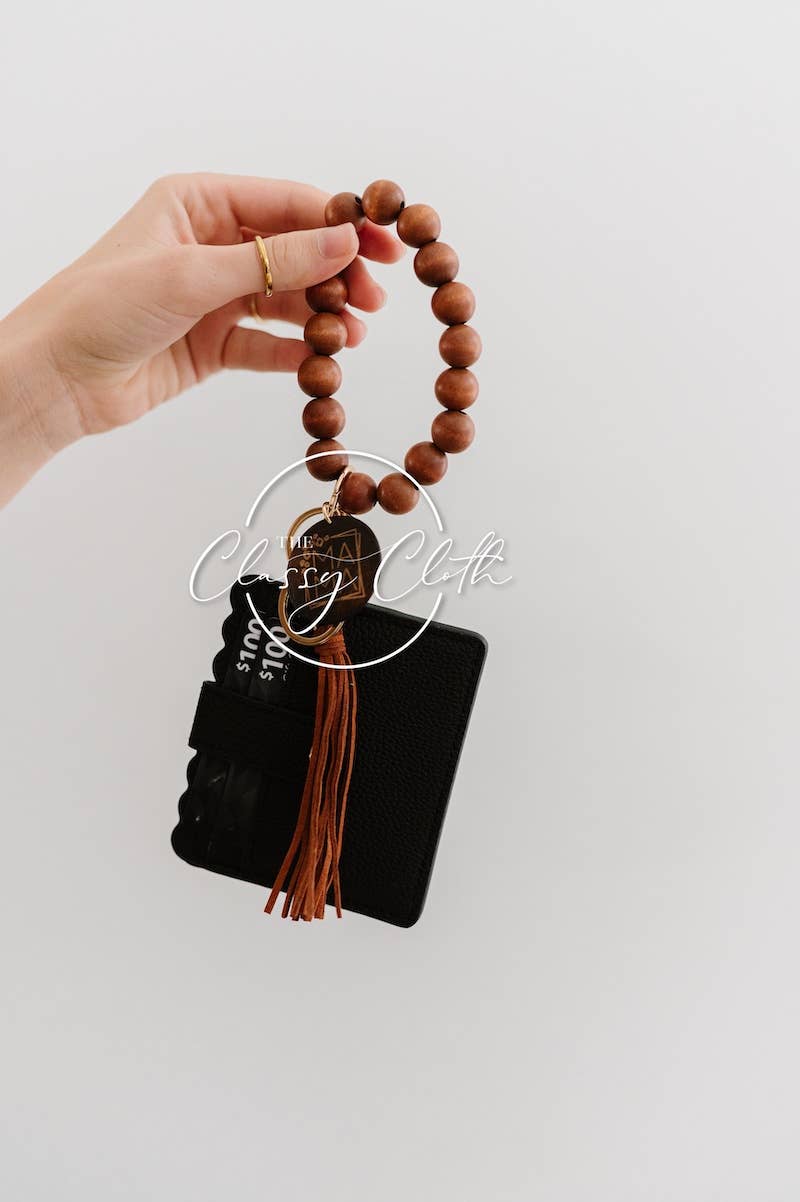 MAMA Wooden Bead Wristlet Wallet Keychain | Brown Tassel