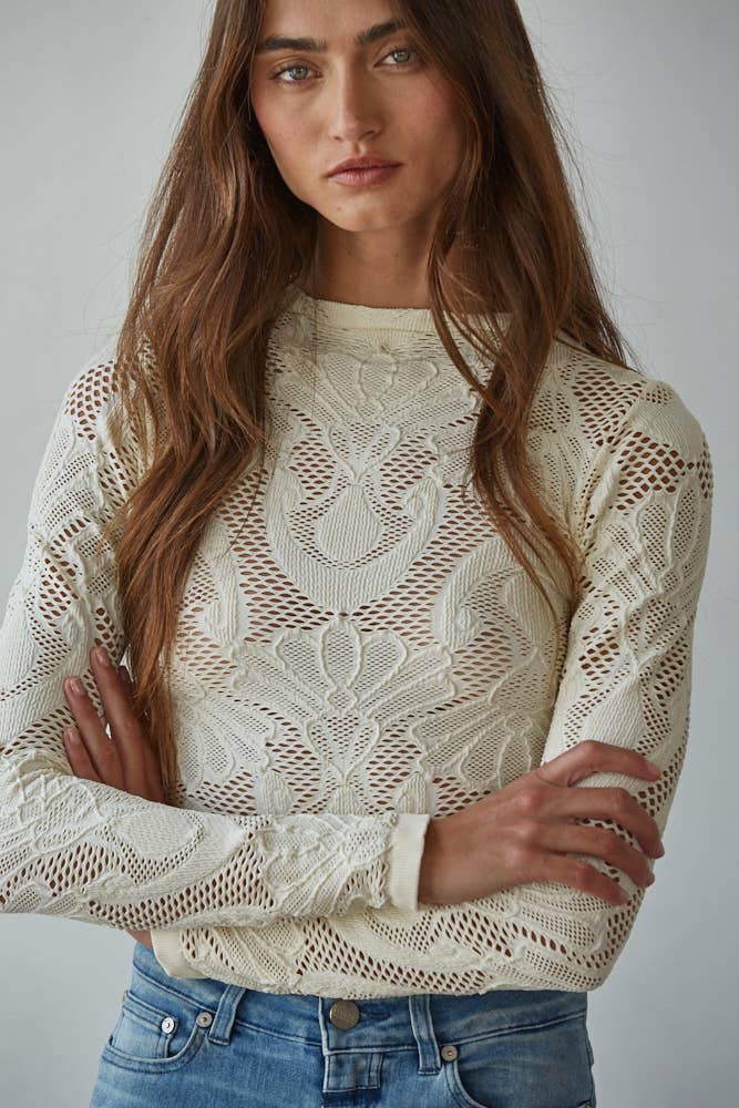 Jacquard Mock Neck Long Sleeve Top-Cream