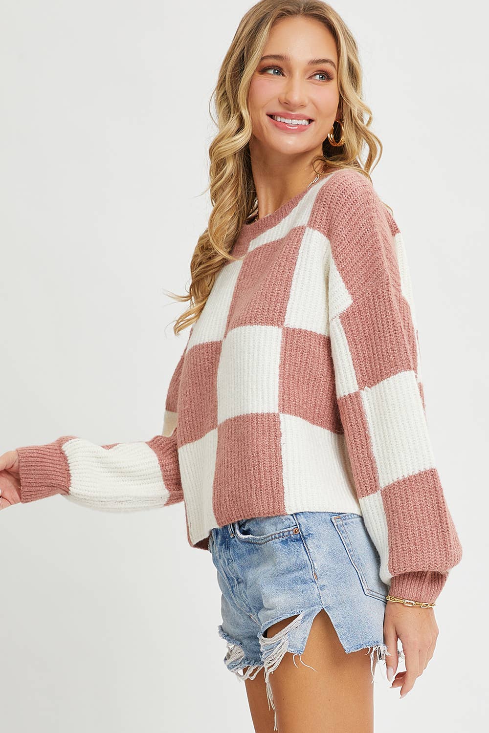 CASUAL SOFT COZY  RELAXED FIT CHECKER KNIT SWEATER