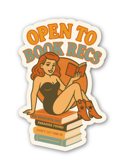 Open to Book Recs Sticker – Retro Pin-Up Reader & Book Stack